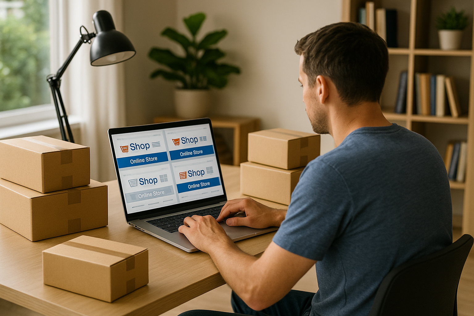 A person browsing several alternative online shopping websites on a laptop, surrounded by delivery boxes, symbolising top alternatives to Amazon.com, Inc.