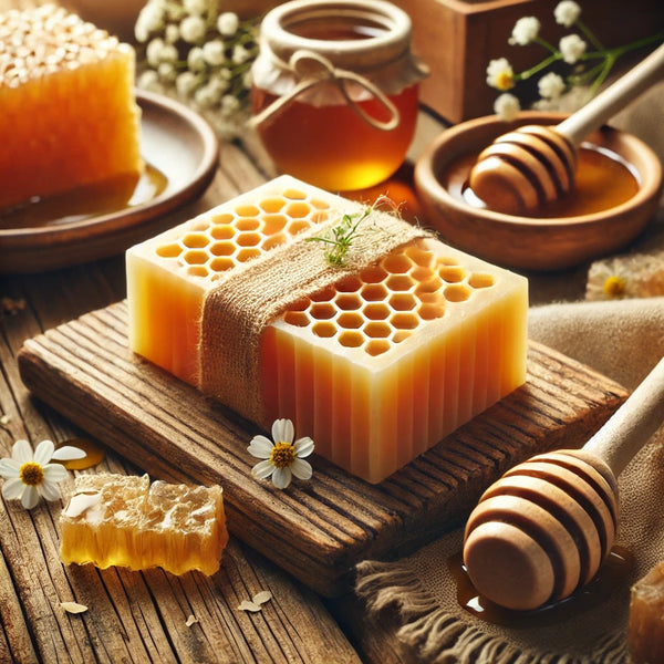 A beautiful and inviting blog photo of an organic handmade honey soap bar. The soap is placed on a rustic wooden surface, with small honeycomb pieces,