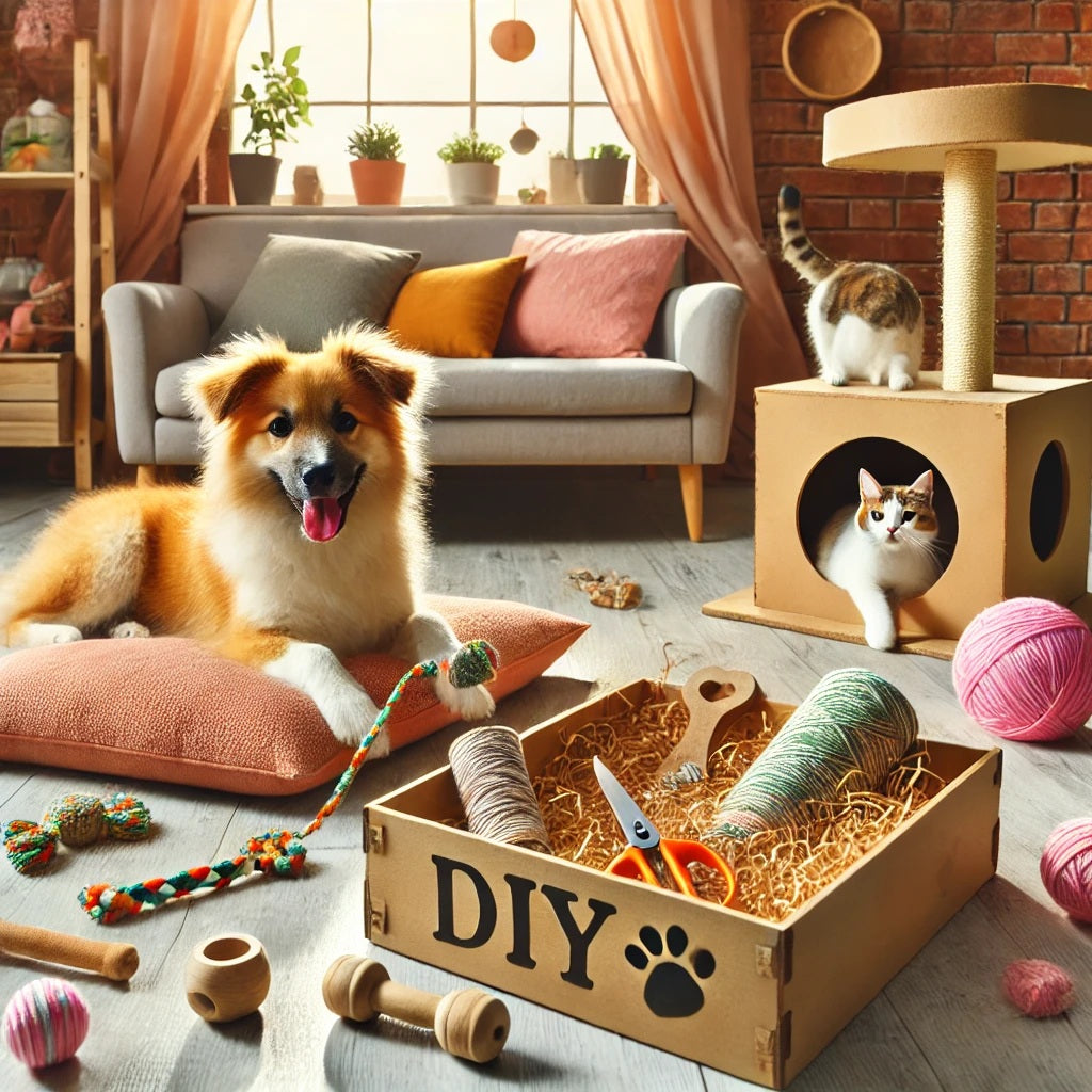 A vibrant and cozy home setting featuring a happy pet surrounded by DIY projects. The scene includes a hand-crafted pet bed, a personalized toy box wi