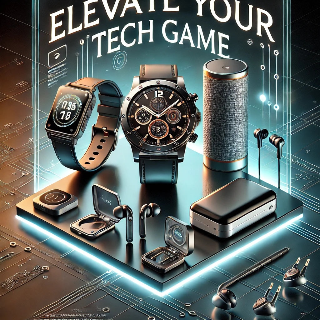 A sleek and modern promotional blog banner featuring various popular tech gadgets and accessories, including a smartwatch, wireless earbuds, a portable speaker