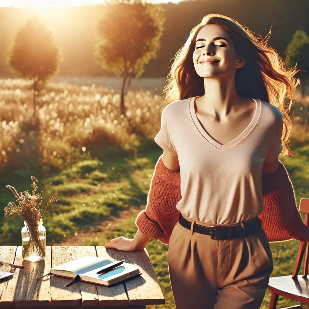 A warm and inspiring photo representing confidence and self-esteem. The image features a person standing in a peaceful, open space, smiling with 