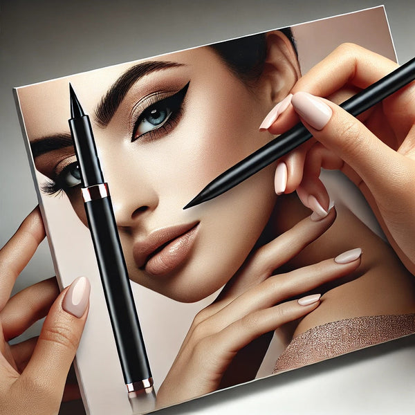 A stylish and modern beauty blog banner featuring a Self-Adhesive Liquid Eyeliner Pencil. The image should showcase the eyeliner pencil in a close-up 
