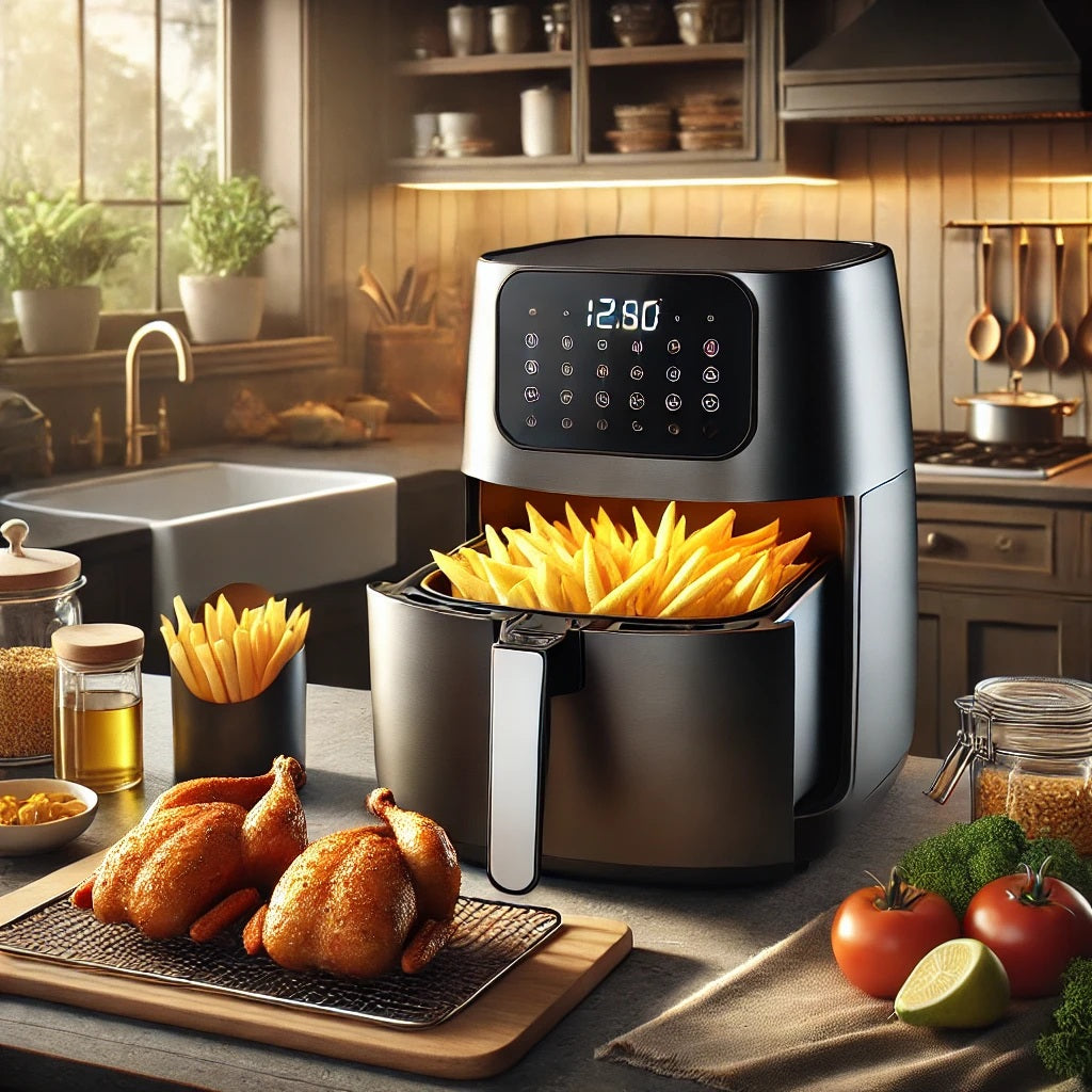 A high-quality, lifelike image of a modern kitchen featuring a Smart Electric Air Fryer in use. The scene showcases golden, crispy fries and perfectly