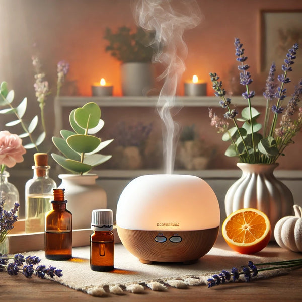 A serene and cozy setup featuring essential oils, a diffuser emitting gentle mist, and a few natural elements like lavender flowers, eucalyptus leaves