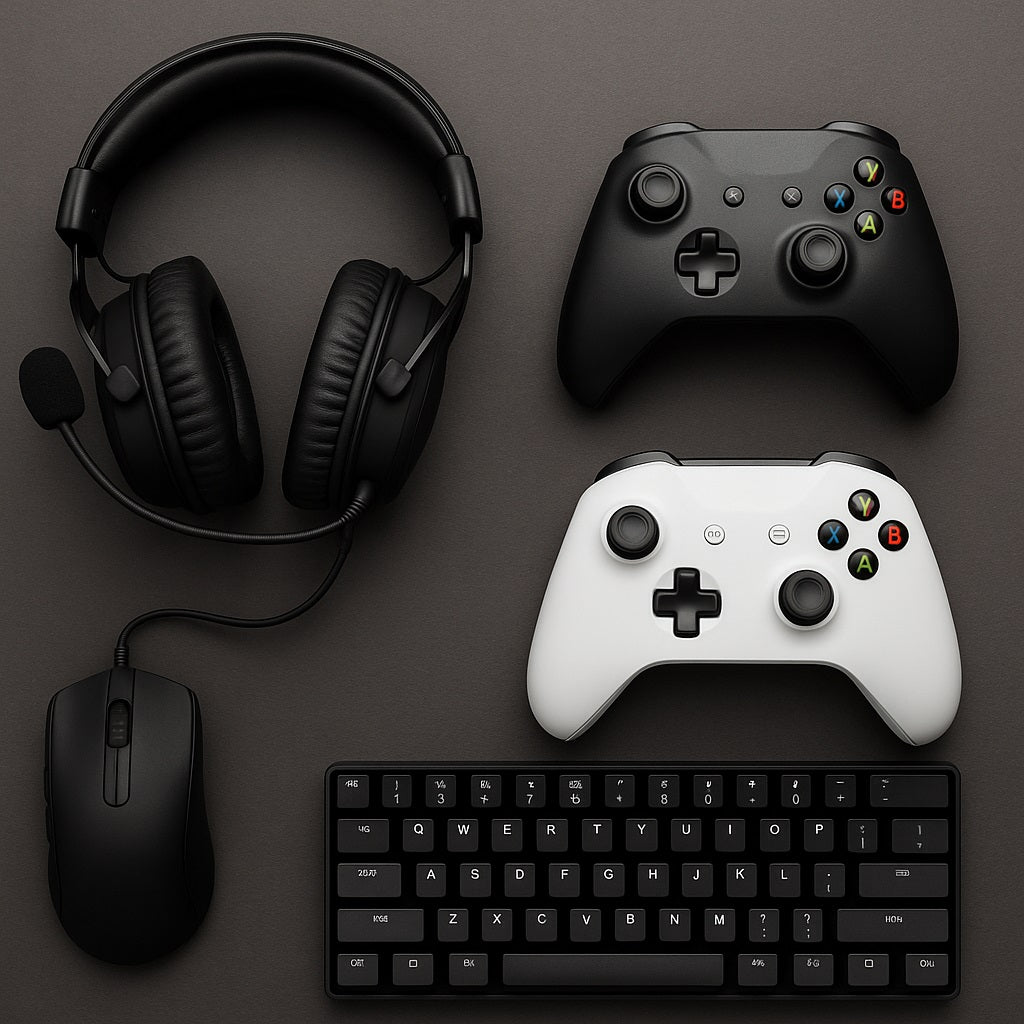 Top-down view of budget-friendly gaming gear on a dark surface, including a black over-ear gaming headset with a microphone, a black wired mouse, a compact black mechanical