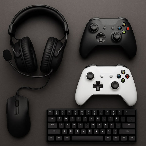 Top-down view of budget-friendly gaming gear on a dark surface, including a black over-ear gaming headset with a microphone, a black wired mouse, a compact black mechanical
