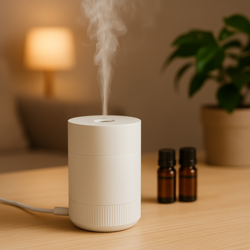 A minimalist, cozy indoor scene featuring a USB-powered essential oil diffuser releasing a gentle mist. The diffuser is placed on a light wooden surface alongside small amber essential oil bottles and a leafy green plant.