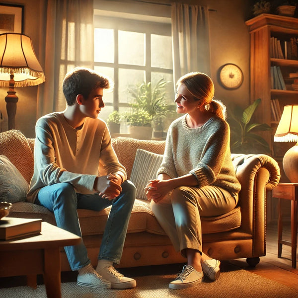 A cozy family living room setting depicting a parent and a teenager engaged in a friendly and supportive conversation. The parent is listening attenti