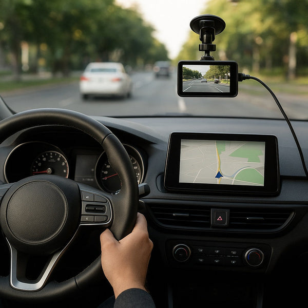 View from inside a car showing a person driving with both hands on the steering wheel, a navigation system displaying a map on the dashboard screen