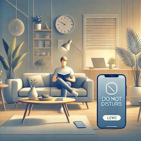 A modern and calming illustration representing digital wellness and reclaiming time. The scene features a serene living room with a person relaxing on