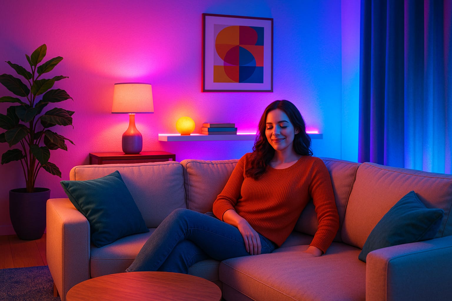 A woman relaxing on a set of sofa in a living space with colourful set of BLG LED lights. 