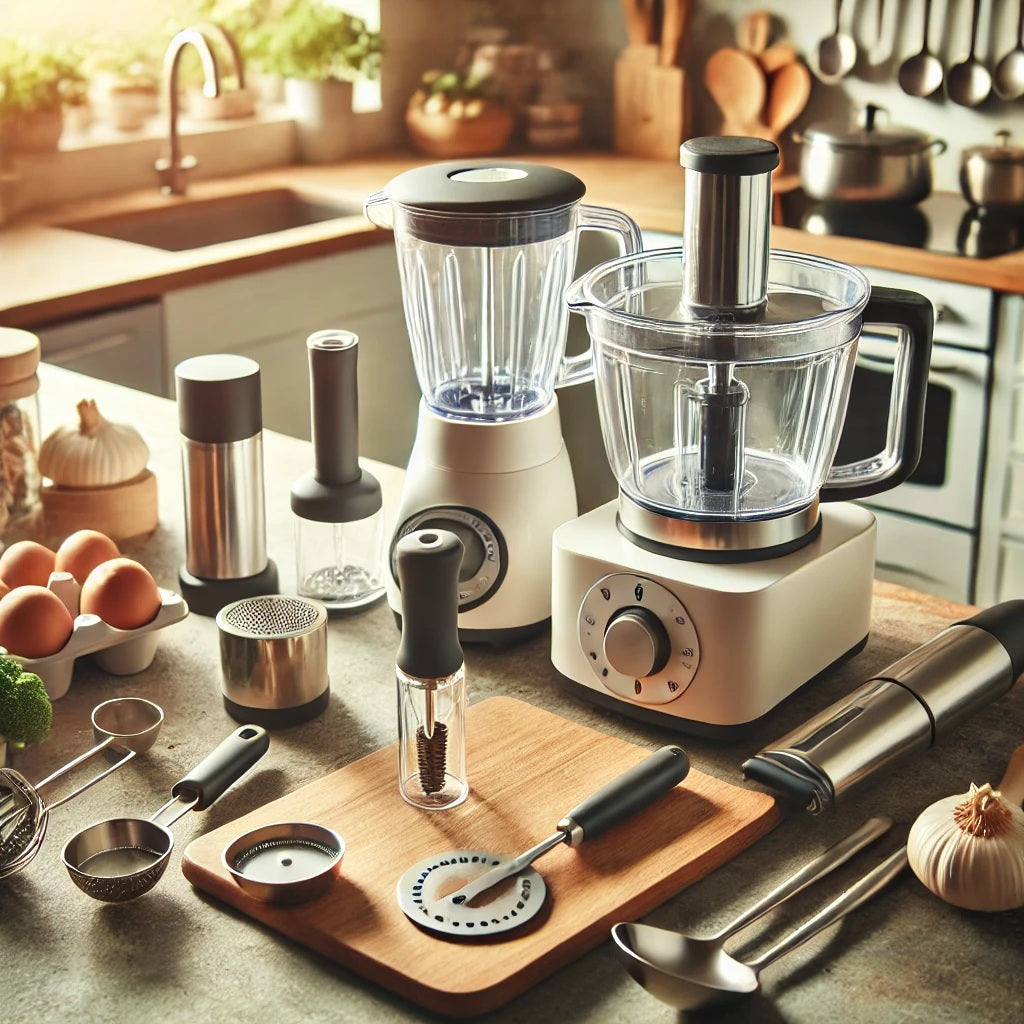 A modern, inviting kitchen setup with affordable cooking gadgets arranged neatly on a countertop. The image includes items like a food processor, meas