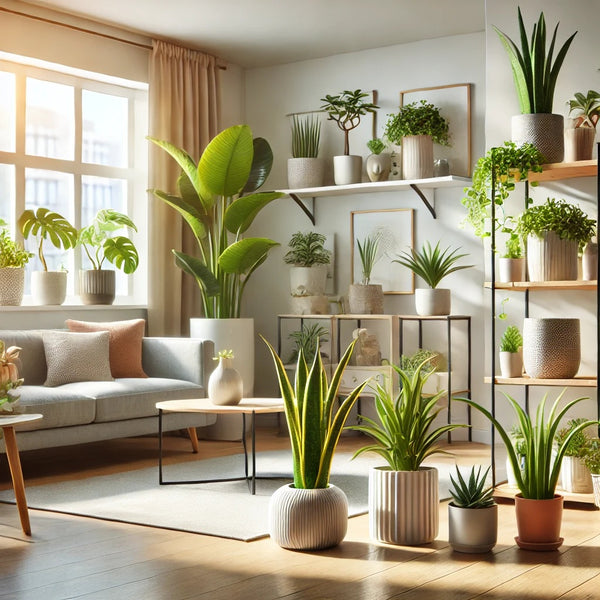 A bright and inviting indoor space filled with a variety of air-purifying plants. The scene includes popular indoor plants like a snake plant, peace l
