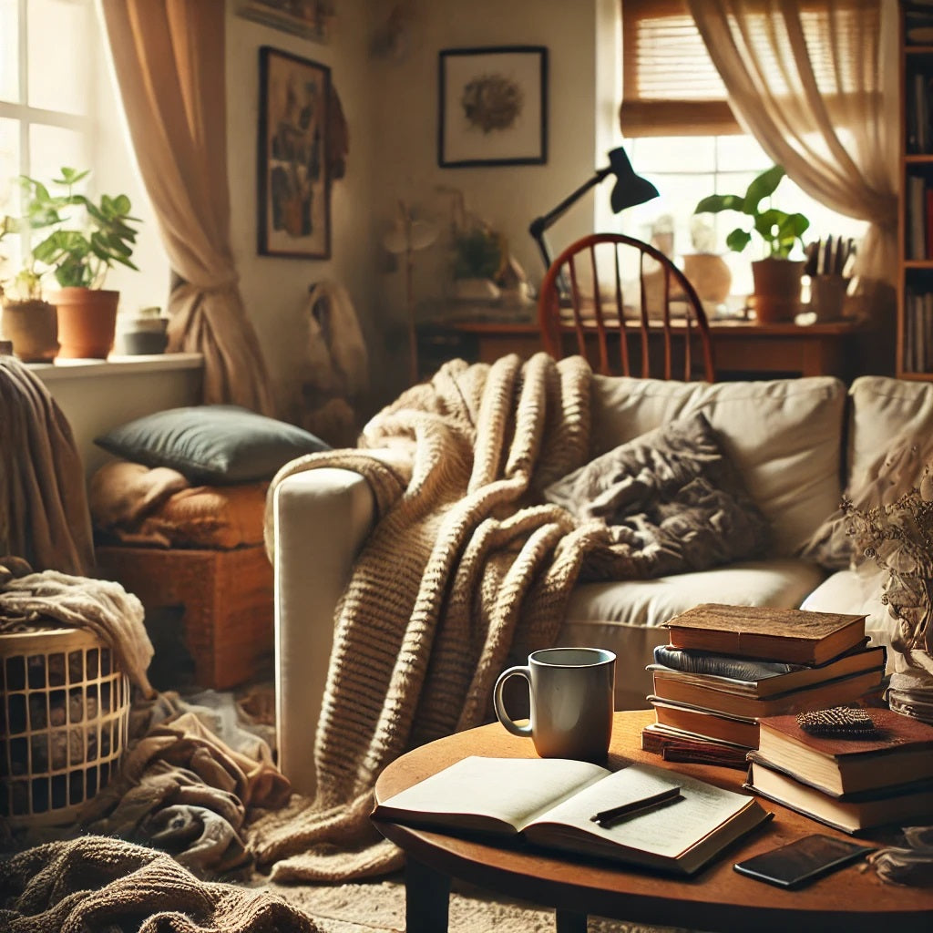 A cozy blog photo representing an untidy but lived-in space, showing a cluttered but inviting living room with a few scattered books, a warm blanket d