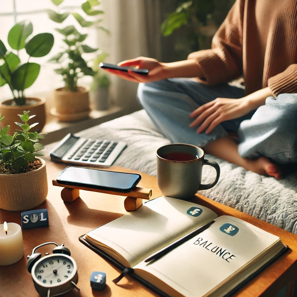A calming blog photo representing balance in social media usage. The image shows a person relaxing with a cup of tea, a phone turned face-down on the 