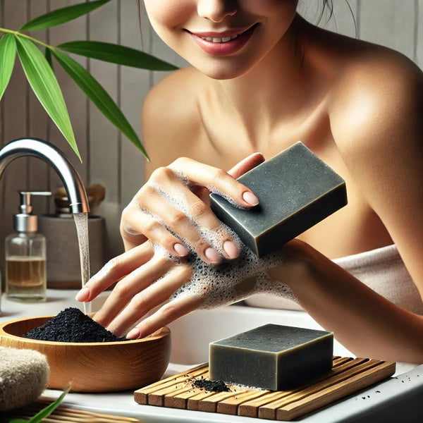 A realistic, lifelike photo of a woman using a bamboo charcoal handmade soap bar. She is washing her hands with the dark charcoal soap, creating a gentle skin tone