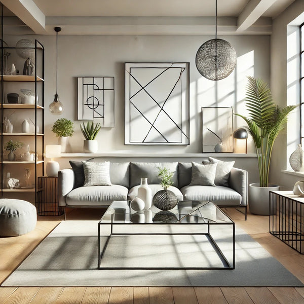 A visually stunning and modern interior living room scene showcasing a sleek and contemporary home decor style. The room features clean-lined furnitur