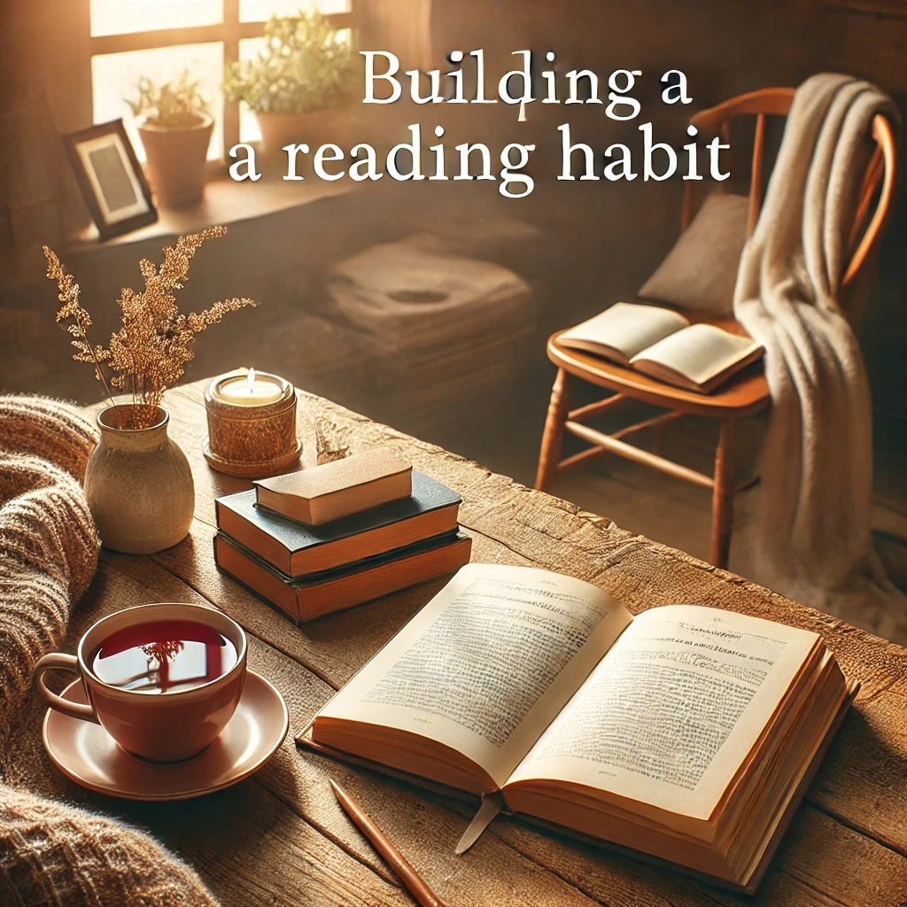 A cozy and inviting blog photo representing building a reading habit. The image shows an open book on a wooden table, with a cup of tea or coffee besi