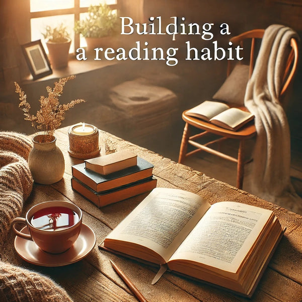 A cozy and inviting blog photo representing building a reading habit. The image shows an open book on a wooden table, with a cup of tea or coffee besi