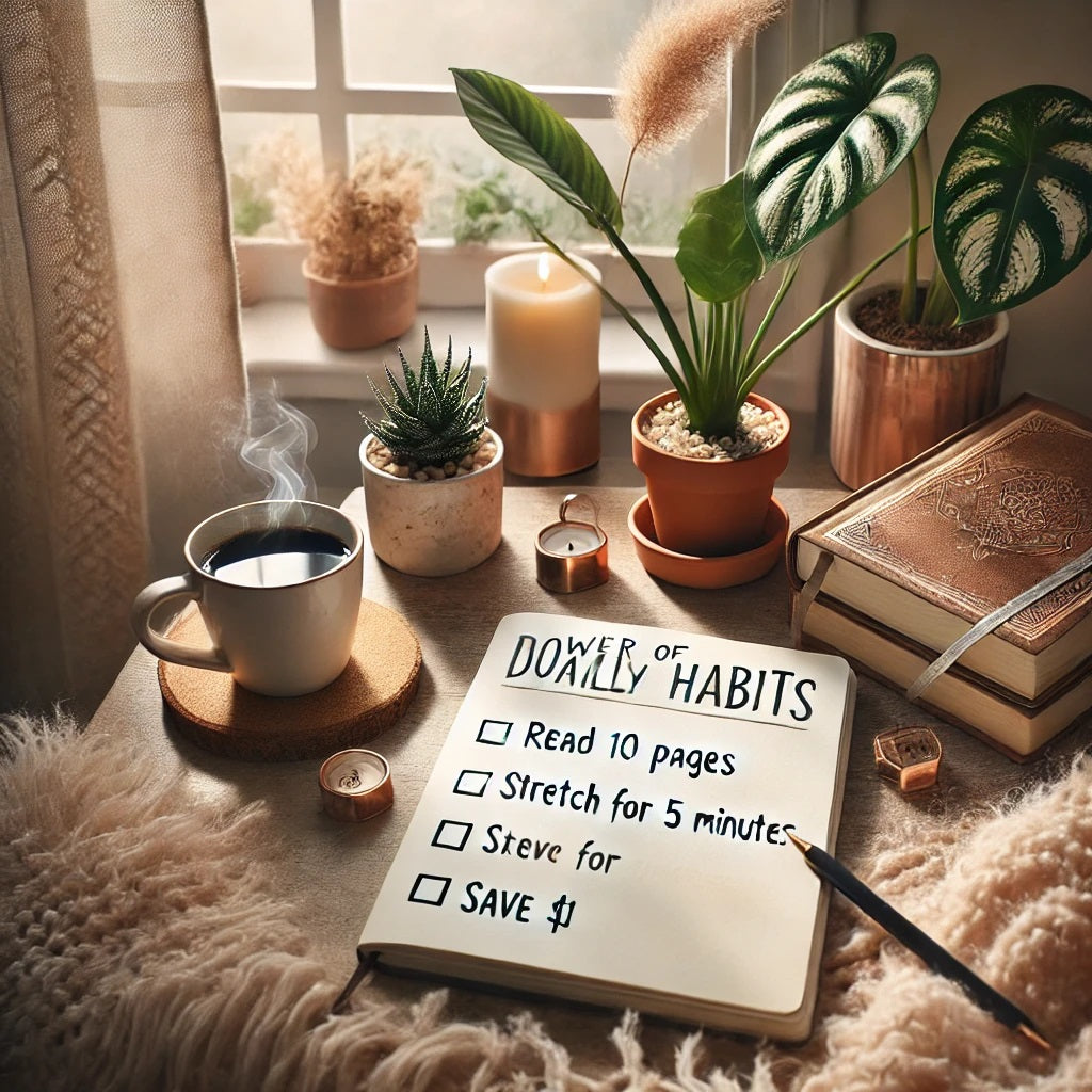 A motivational and inviting blog photo representing the power of small daily habits. The image shows a cozy desk setup with a cup of coffee, a noteboo