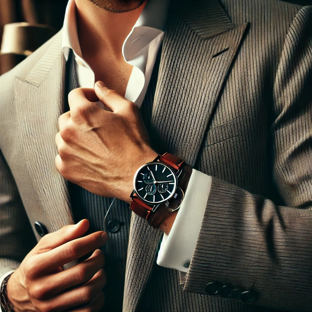 Men's Leather Strap Watches. A high-quality, lifelike image of a stylish man wearing a classic leather strap watch. He is dressed in a sophisticated outfit, standing in an elegant