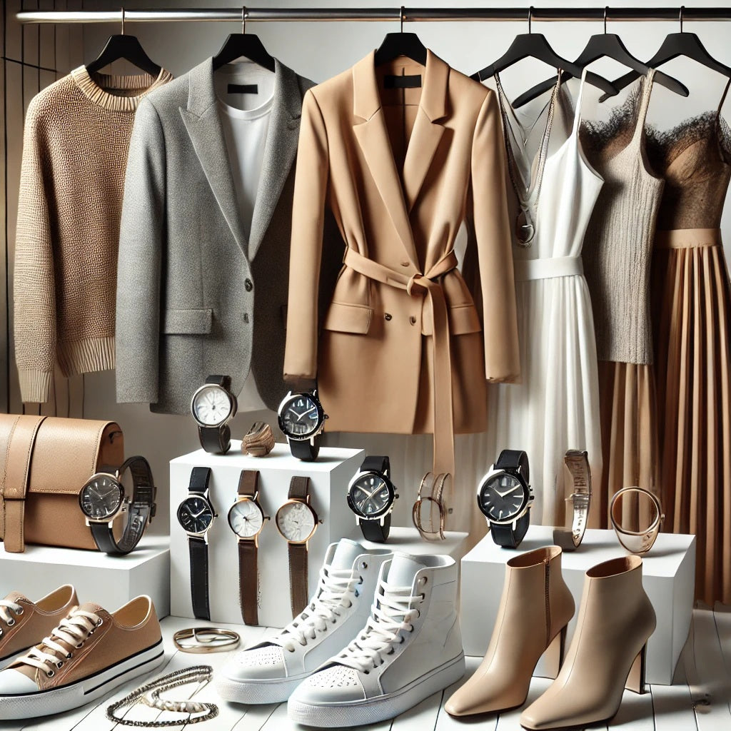 A stylish and modern visual representation of a fashion article. The image includes clothing items like a tailored blazer and neutral-toned dresses, f