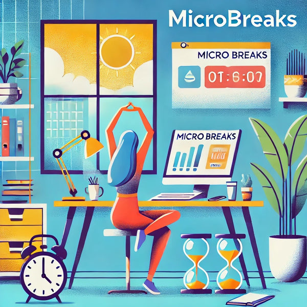 A modern and vibrant illustration showcasing the concept of microbreaks. The image features a person sitting at a desk in a bright, organized workspac