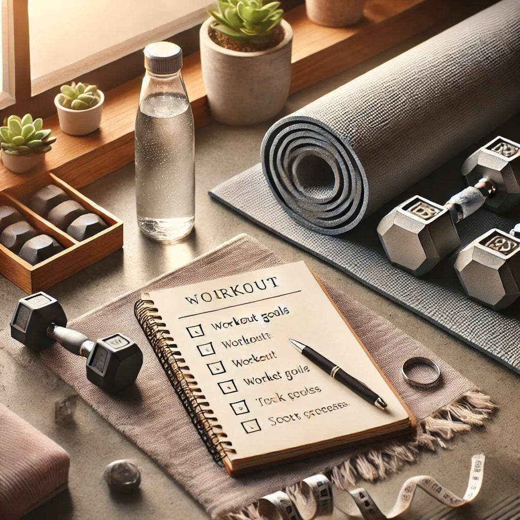 An inspiring blog photo representing a consistent workout routine. The image shows a well-organized workout space with a yoga mat, dumbbells, and a wa