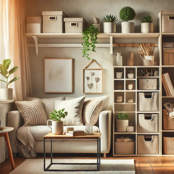 A stylish and functional blog photo representing small space living. The image shows a compact, well-organized living area with a cozy sofa, a coffee 
