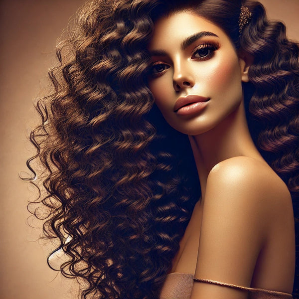 A high-quality, lifelike image of a woman with voluminous curly hair, confidently showcasing her beautiful curly hair extensions. The image should cap