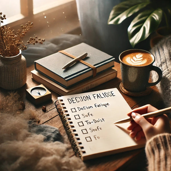 A thoughtful blog photo representing decision fatigue and finding balance. The image shows a cozy workspace with a notebook, pen, coffee cup, and a to