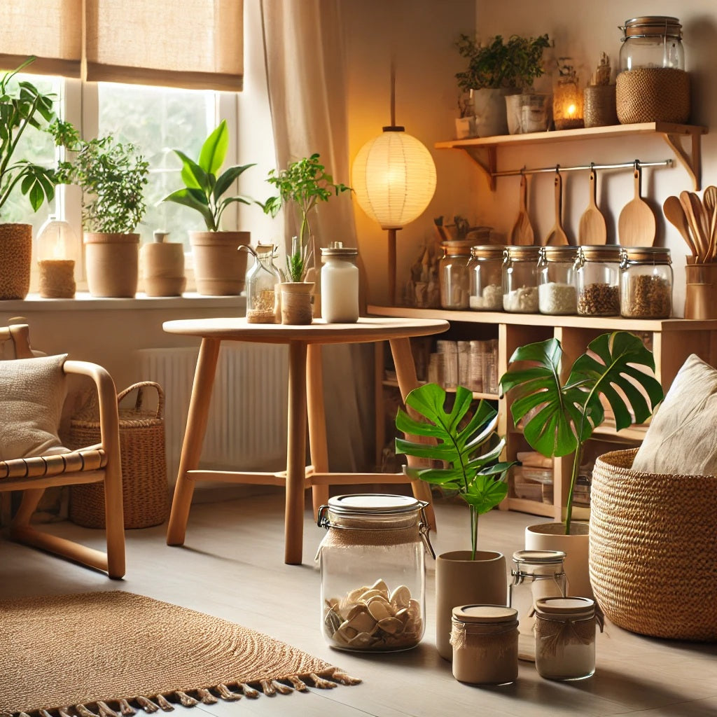 A cozy, eco-friendly home interior with natural elements and sustainable products. The setup includes bamboo furniture, a few potted plants, reusable 