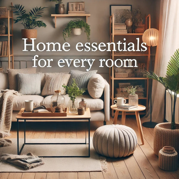A cozy and inviting blog photo representing essential home items in a beautifully decorated room. The image shows a living room setup with a comfortab