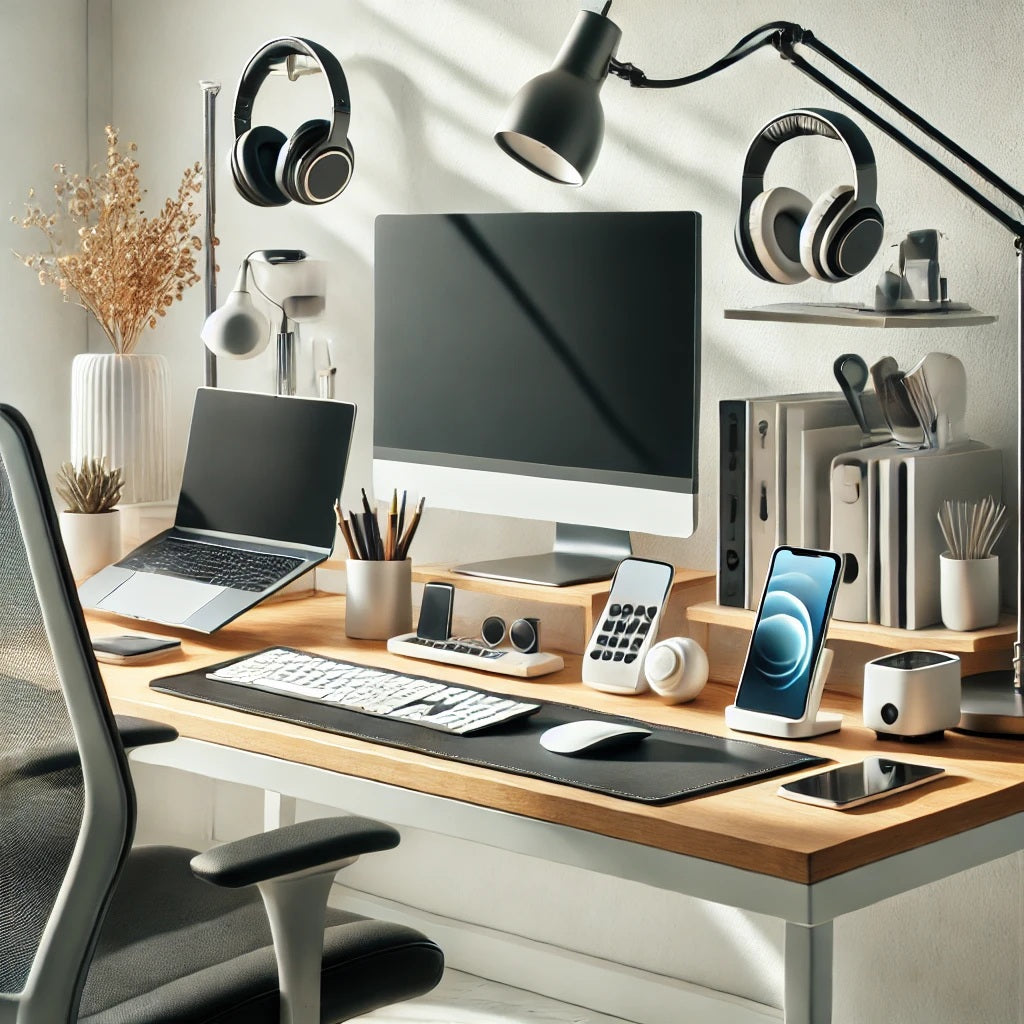 A modern, organized home office setup featuring essential tech accessories for remote work. The workspace includes a laptop on a stand, an external mo