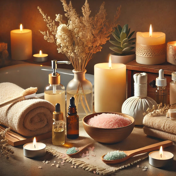 A serene, cozy bathroom setup for an at-home spa day. The scene includes pampering essentials like candles, a fluffy towel, bath salts, a face mask, a