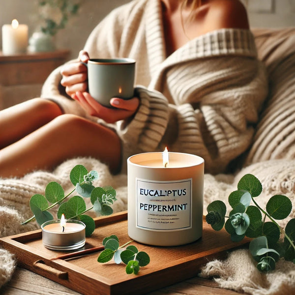 A realistic, high-quality photo of a woman relaxing in a cozy home setting with a eucalyptus peppermint scented candle burning nearby. She is sitting 