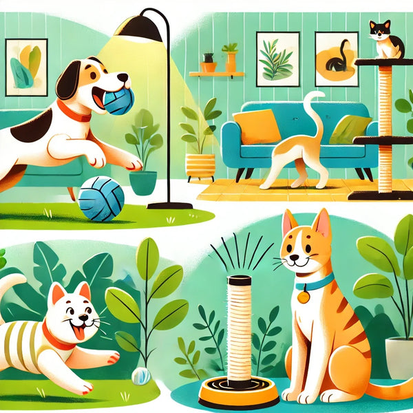 A cheerful scene with an active dog and a cat engaged in exercise activities outdoors and indoors. The dog is seen fetching a ball or doing agility ex