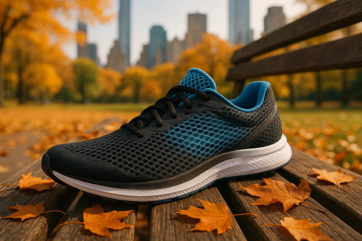 Black and blue running shoe on a wooden bench with a cityscape in the background