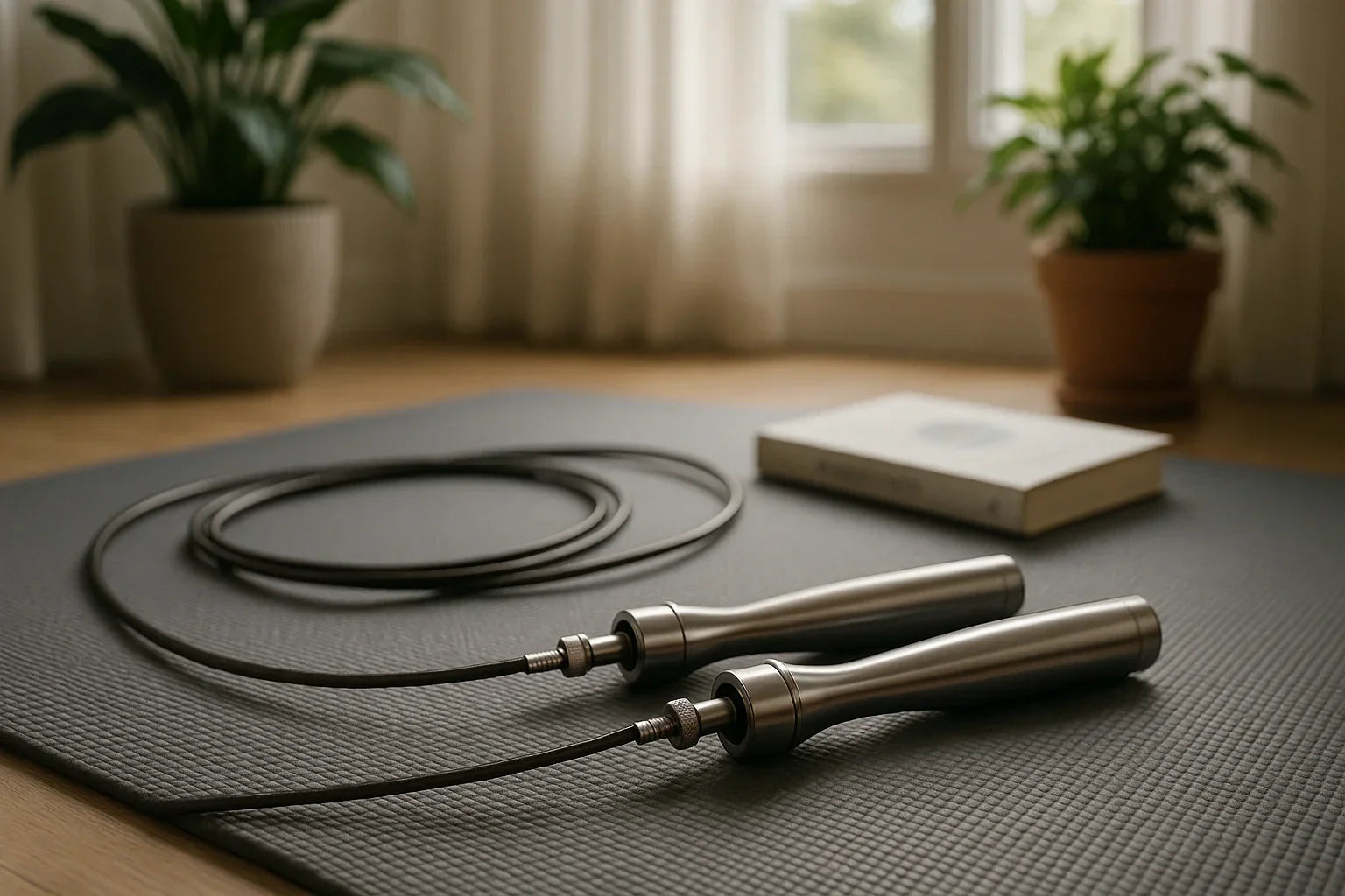 Adjustable speed jump rope with metal handles resting on a grey exercise mat in a bright home workout space, with potted plants and a book in the background.