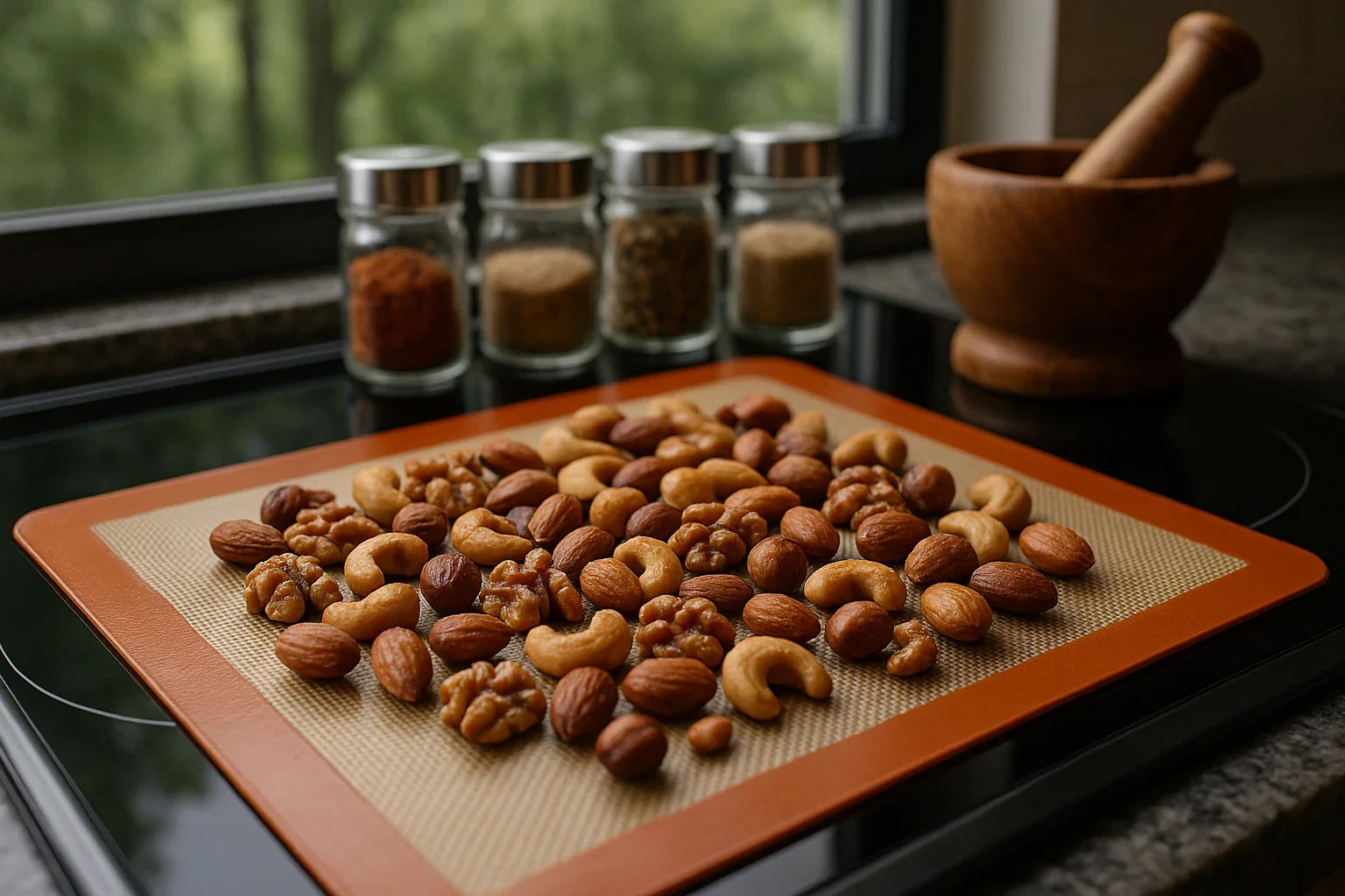 Assorted nuts on a silicone baking mat with spice jars and a mortar and pestle in the background.