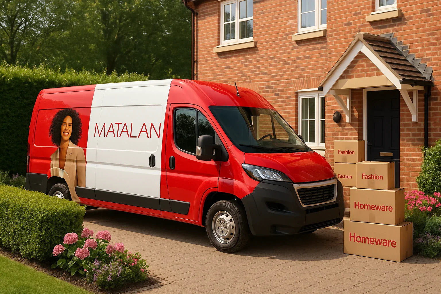 Red and white Matalan delivery van parked outside a brick house, with cardboard boxes labelled “Fashion” and “Homeware” stacked by the front door and pink flowers along the driveway.