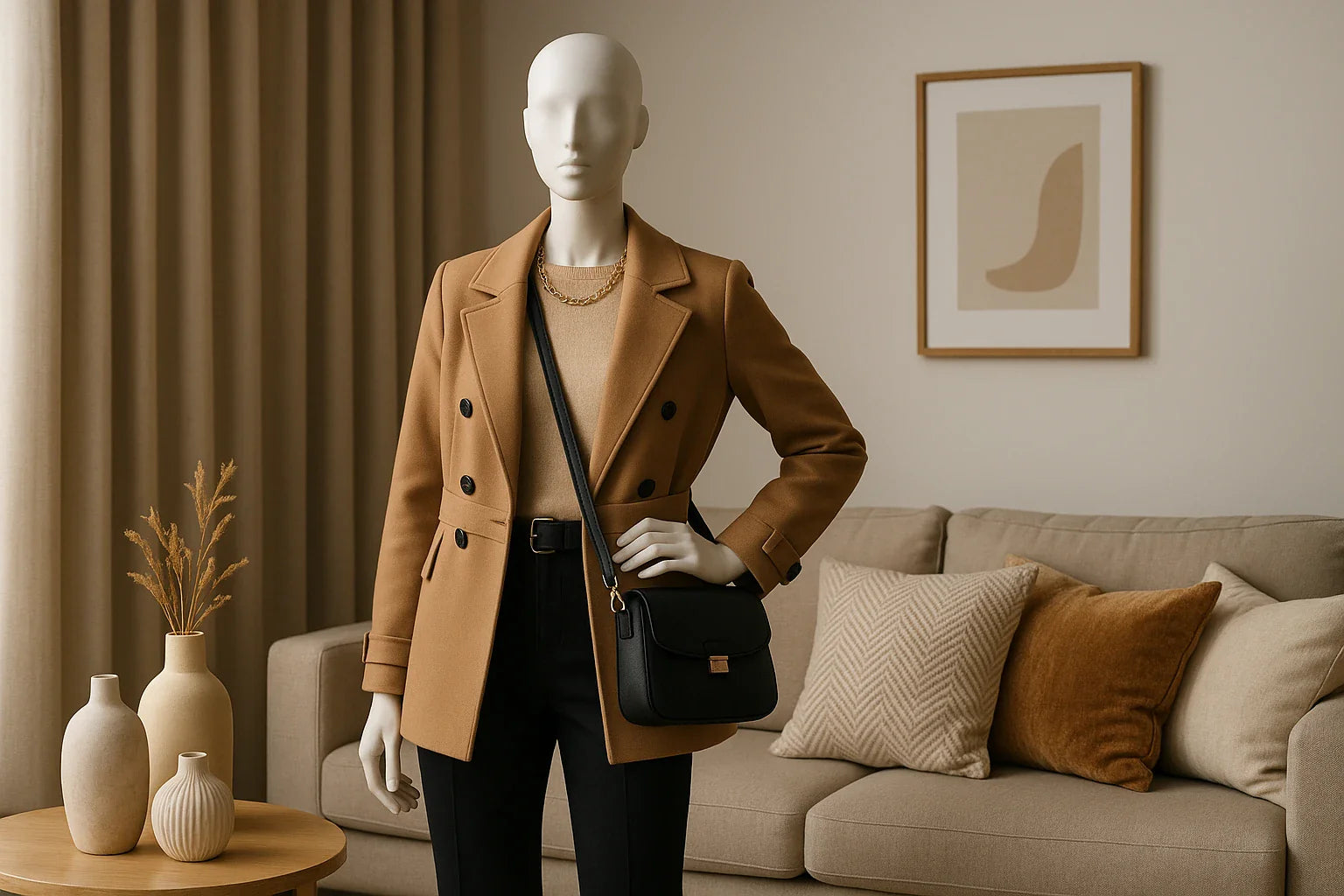 Mannequin styled in a camel double-breasted blazer, black trousers and a black crossbody bag, standing in a modern beige living room with neutral cushions and decorative vases.