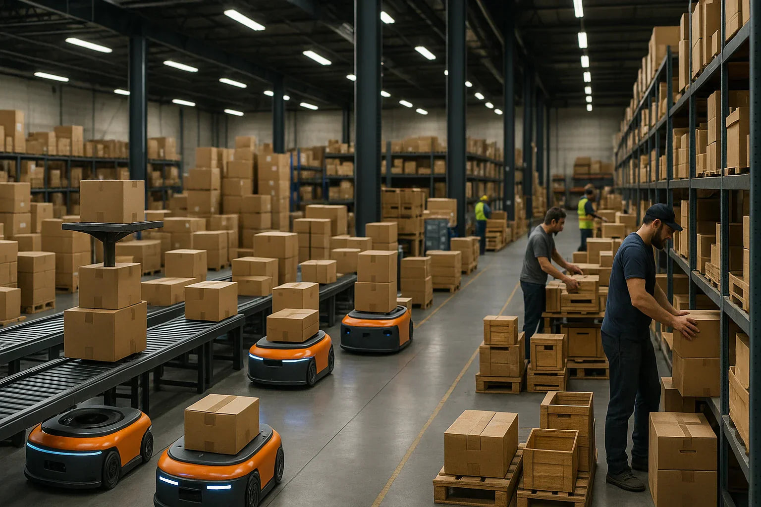Large warehouse with shelves stacked with cardboard boxes, workers packing orders, and orange autonomous robots moving boxes along the floor and conveyor system.