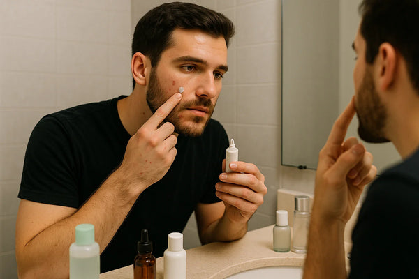 Man applying skincare product to his face in front of a mirror