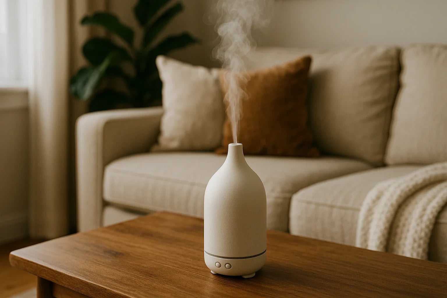 White diffuser on a wooden table with a cozy living room background