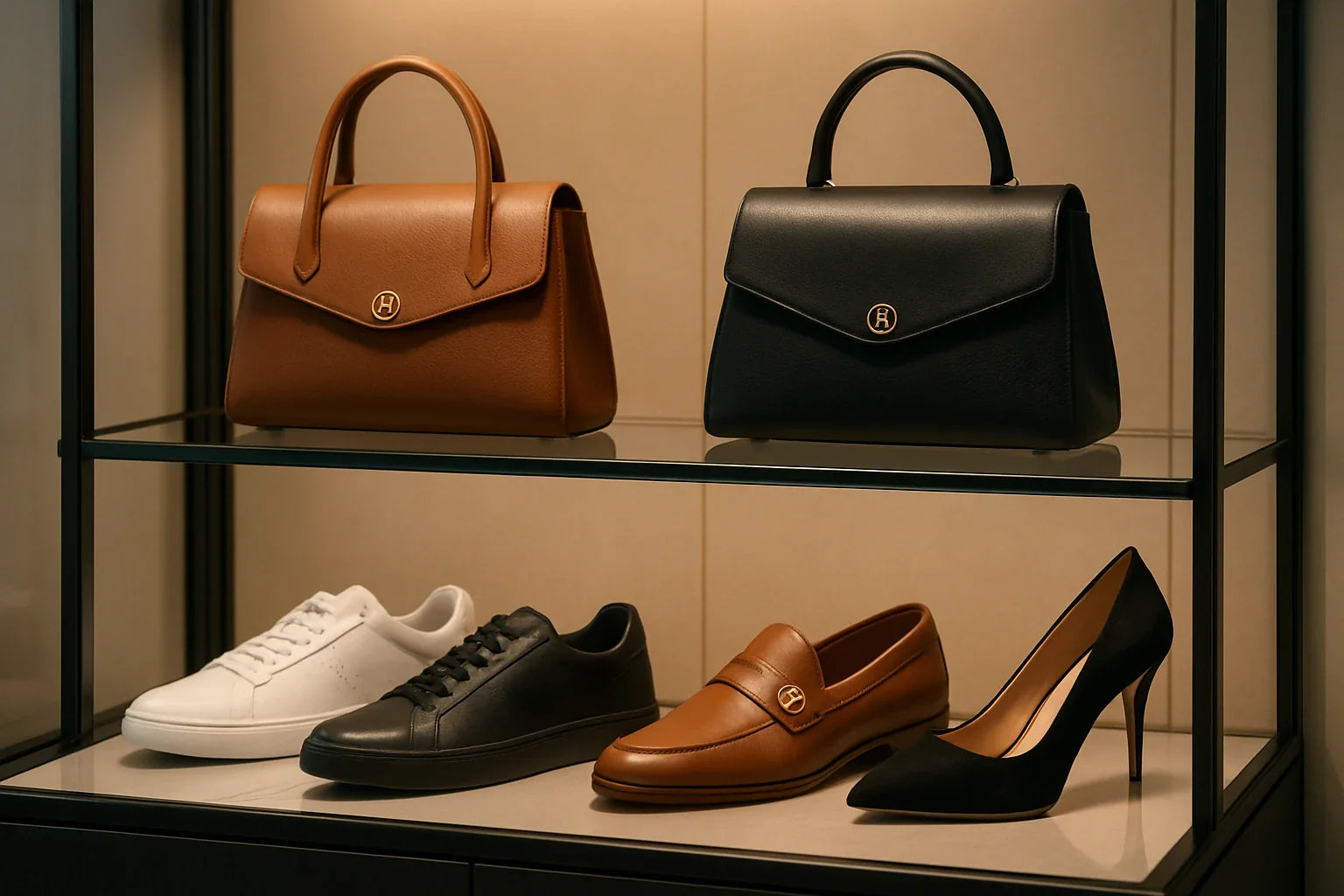 Display of shoes including a brown handbag, black handbag, white sneakers, black and brown loafers, and black high heels.