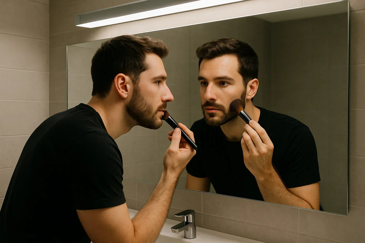 Man applying makeup in front of a bathroom mirror.