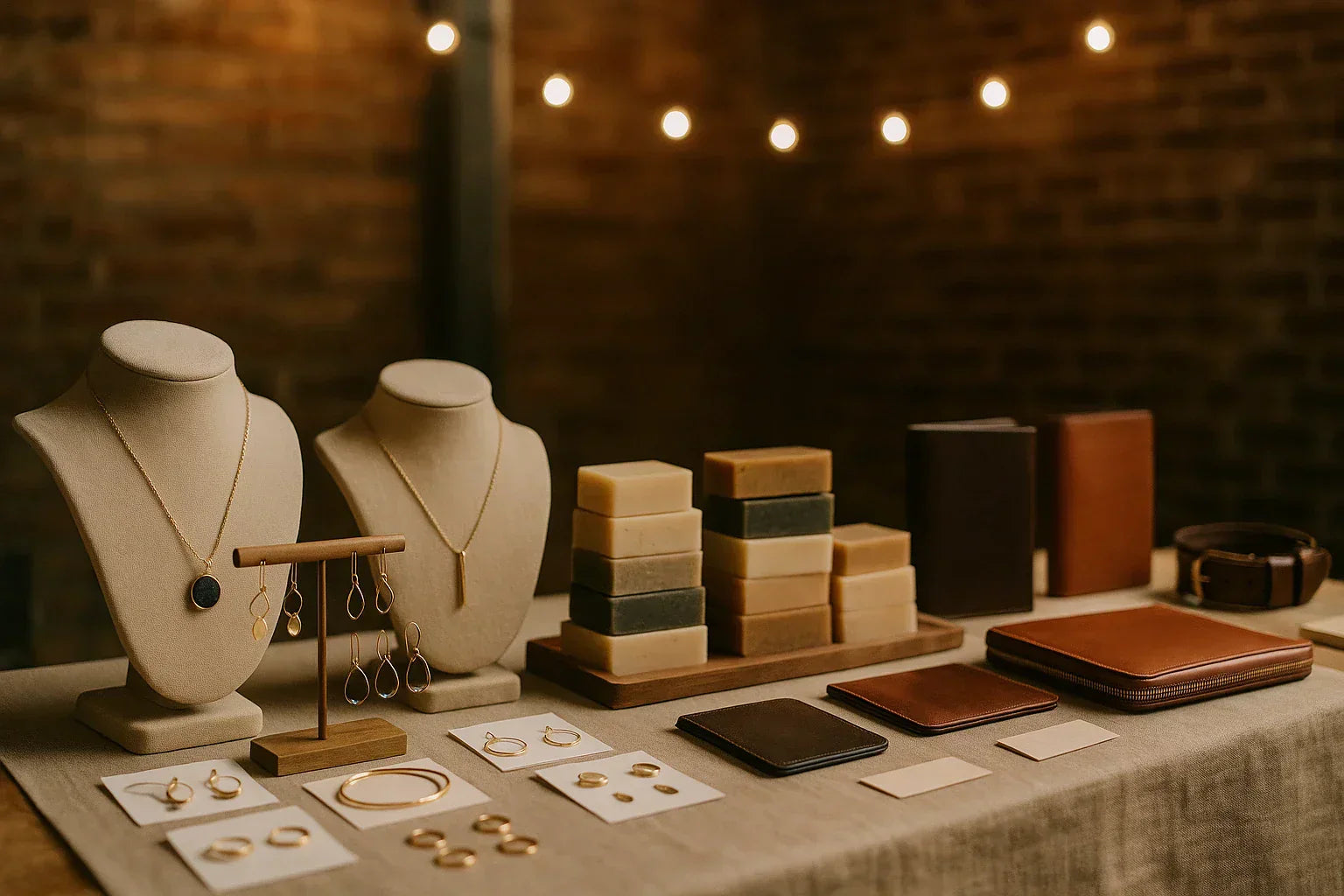 Elegant market-style display table with jewellery busts holding gold necklaces and earrings, stacks of handmade soap bars, and neatly arranged leather wallets, notebooks and a belt under warm string lights.
