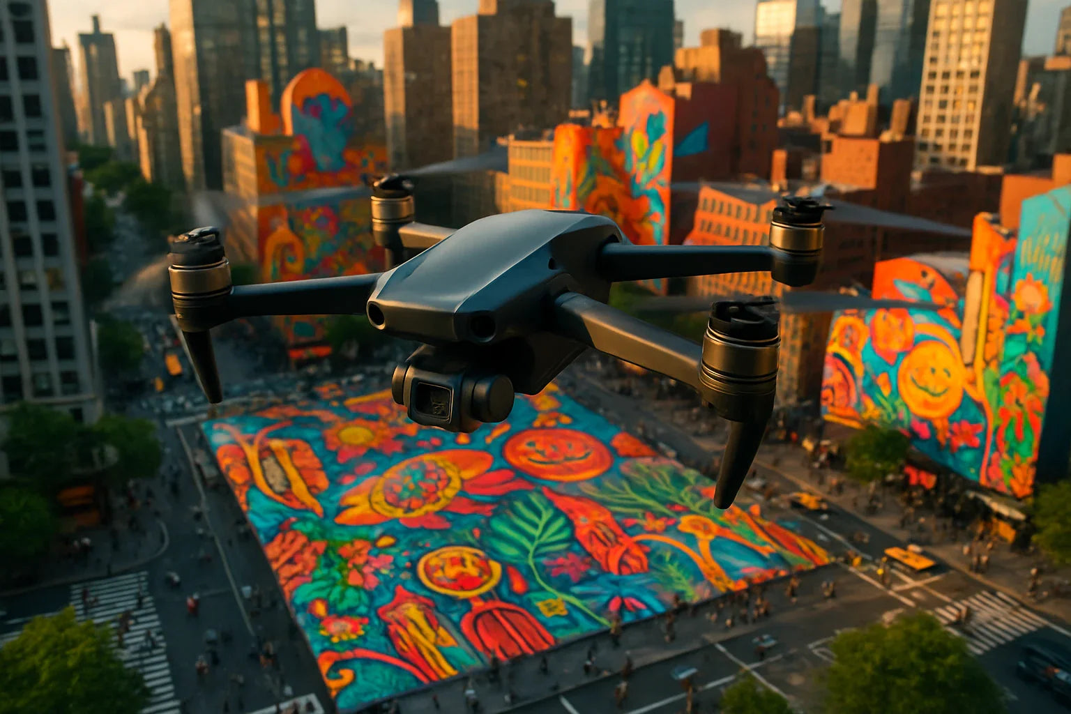 Camera drone flying over a busy city square with a large, brightly coloured street mural and surrounding buildings covered in vibrant artwork.