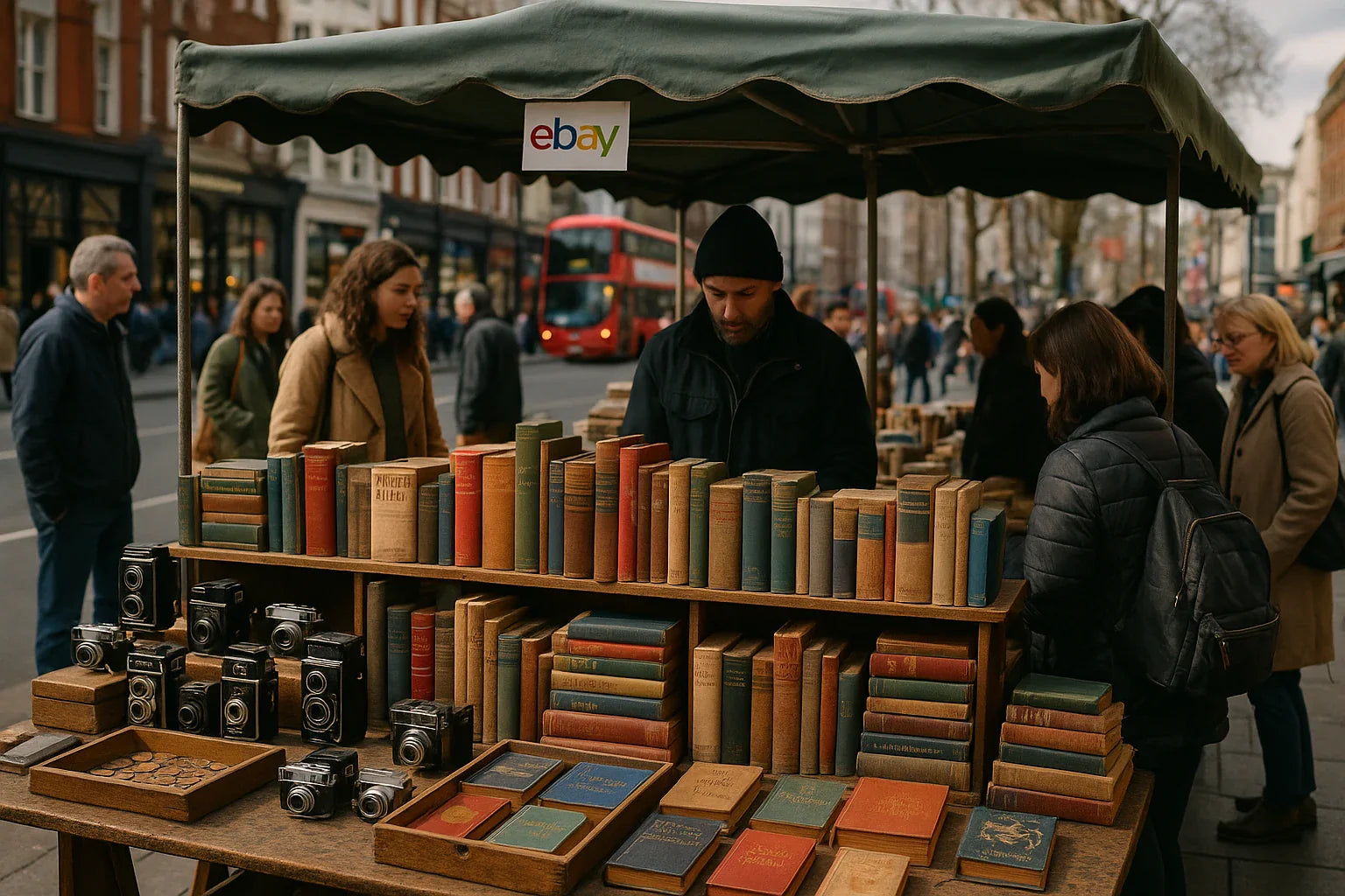 Book stall with books and vintage cameras under an eBay umbrella on a street.